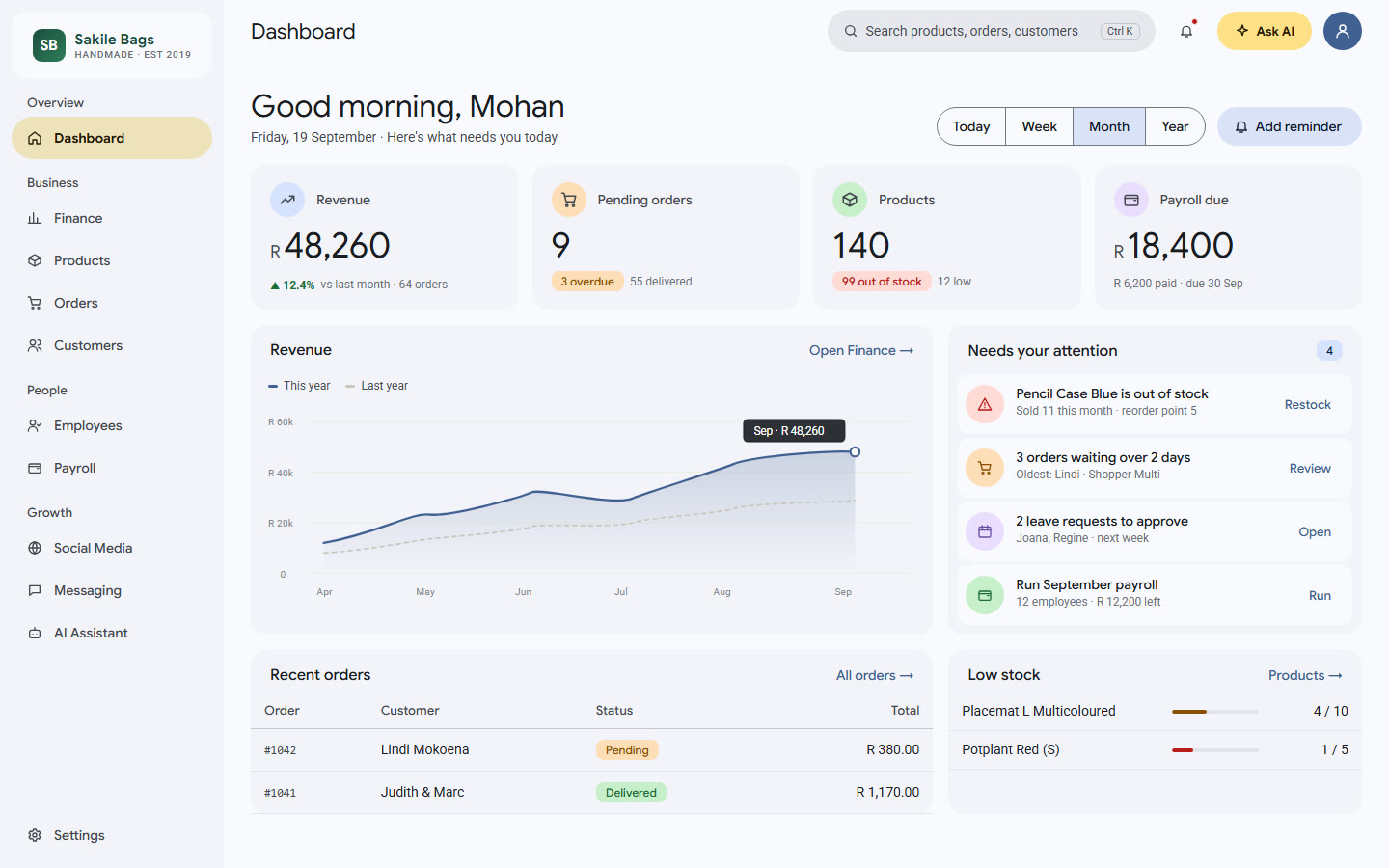 GoldStag One dashboard with revenue, pending orders, products, payroll due and a revenue chart (demo data)